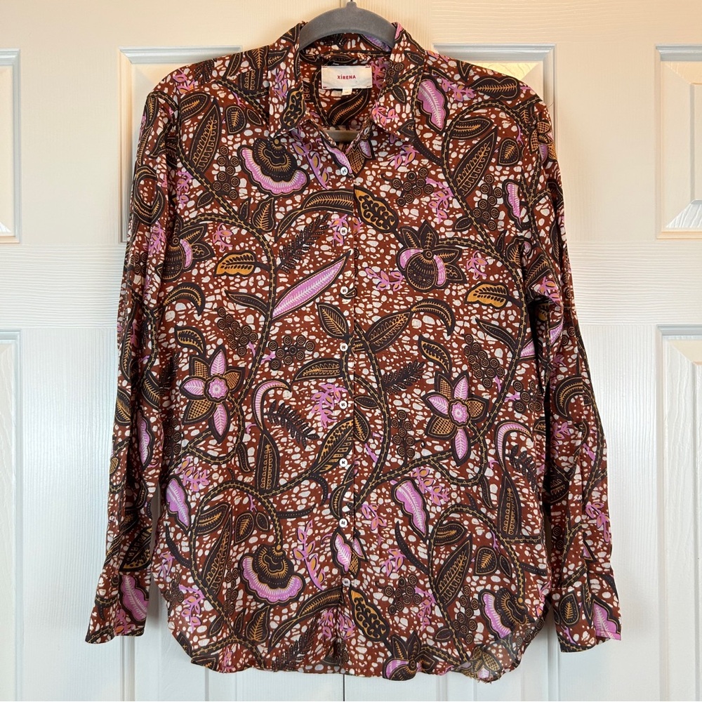 Xirena Brown Floral Button Up Blouse Top